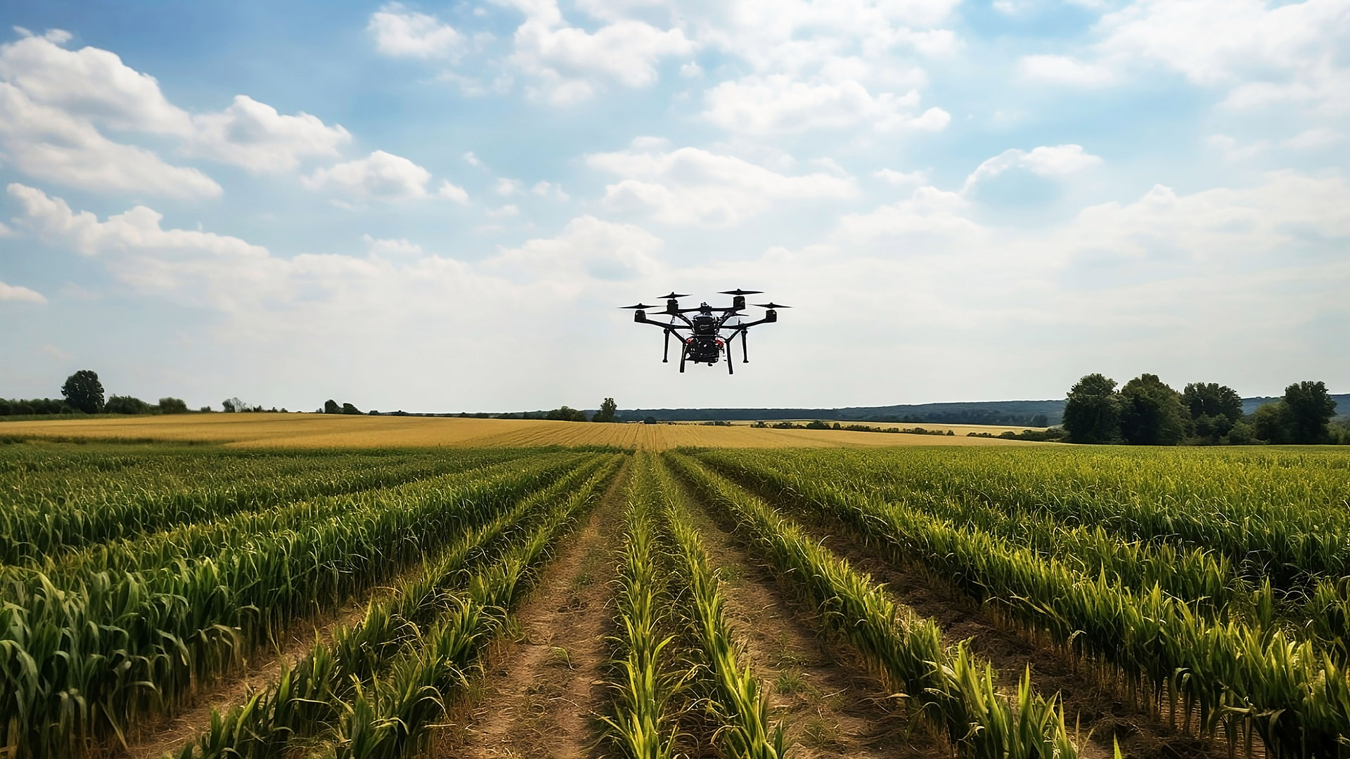 Drone fly over smart farming technology in a corn field Drone fly over smart farming technology in a corn field